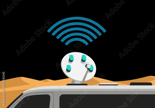 Van Life Starlink data connection illustrated. A satellite dish transmits a signal to a van, showcasing global connectivity. Modern, minimalist design.