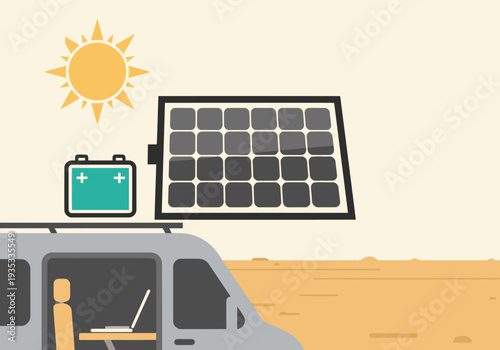 Van station solar data: panels capture sunlight, powering a laptop inside. A clean, modern illustration showcasing off-grid living and sustainable energy.