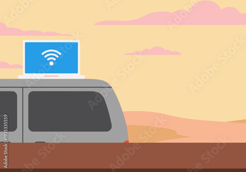 A van with a laptop on its roof sits against a stunning desert sunset. ?Sunrise Van Work Data? showcases remote work and adventure. A vibrant, modern image.