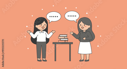 Two women discussing over a table with books and speech bubbles.