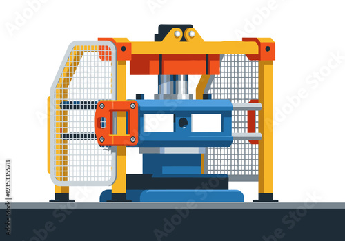 A vibrant, detailed illustration of a guard interlock press safe machine. Clean lines, bright colors, and safety features highlight its robust design. Perfect for industrial or technical themes.