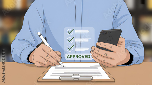 Person signing document on clipboard while holding smartphone with digital approval checklist overlay