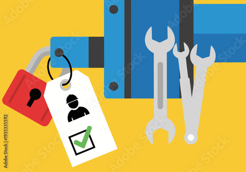 A vibrant graphic showcasing a safety system data key, wrench, and tag. Bold colors and clean lines create a modern, informative design. Ideal for business and technology visuals.