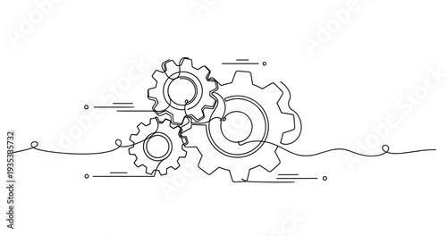 Abstract continuous line drawing of three interlocking gears in motion. None editable stroke