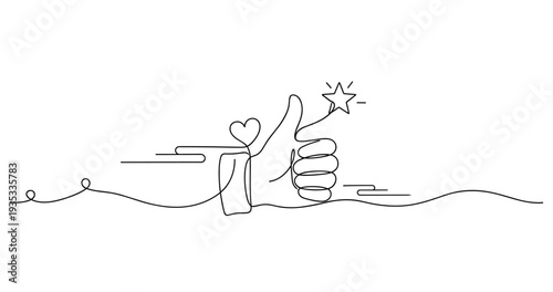 Minimalistic continuous line art of hand giving thumbs up with heart and star elements. None editable stroke