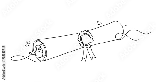 Illustration of a graduation diploma scroll with ribbon seal in black and white. None editable stroke