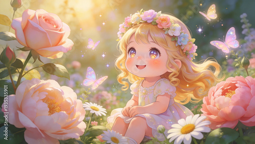 Toddler girl with wavy hair sitting among colorful flowers in a garden, featured on a cheerful birthday greeting card