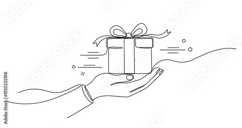 Line drawing of hand offering gift box with ribbon and bow. None editable stroke