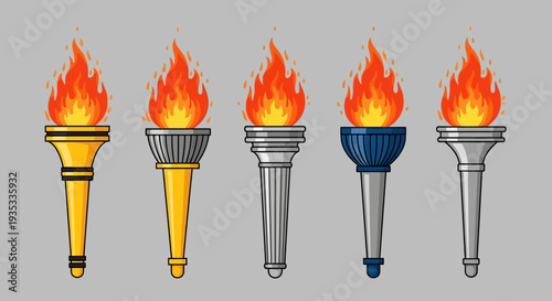 Collection of colorful torches with flames on gray background.