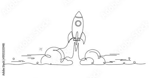 Minimalist continuous line drawing of rocket launch with smoke trails. None editable stroke