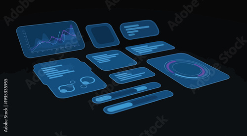 Collection of blue digital interface elements on a dark background for tech and futuristic designs
