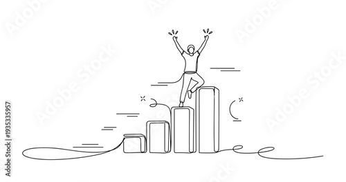 Line art of person celebrating success on growth chart bars. None editable stroke