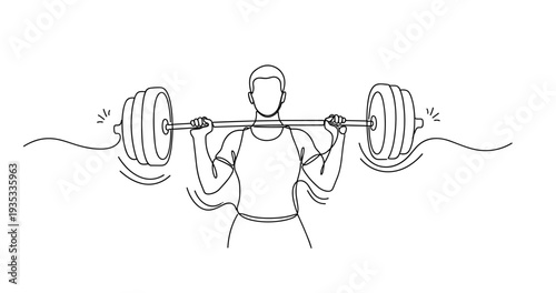 Simplistic line drawing of strong young female lifting barbell. None editable stroke