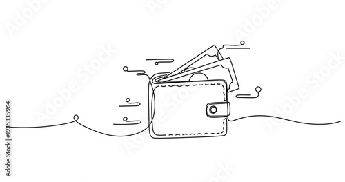 Minimalist line art of open wallet with banknotes and abstract design. None editable stroke