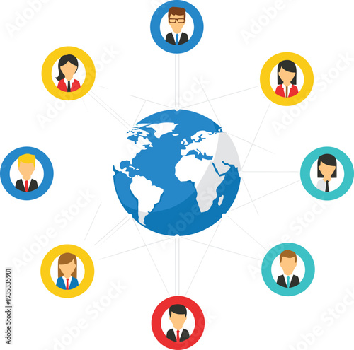 Global business network concept illustration with connected people around world globe, international communication and teamwork digital collaboration design