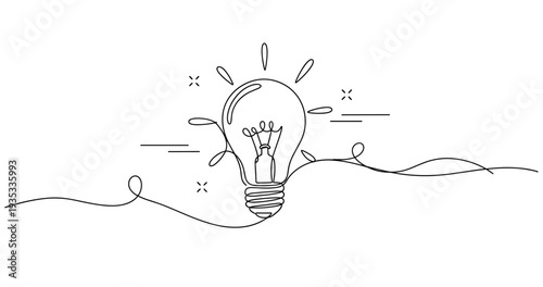 Simple continuous line drawing of a light bulb on white background. None editable stroke