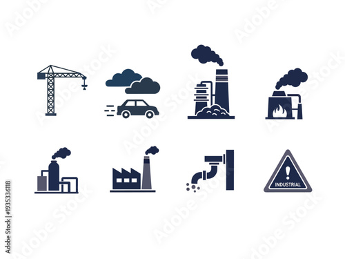 Illustration of industrial pollution icons with construction and transportation elements