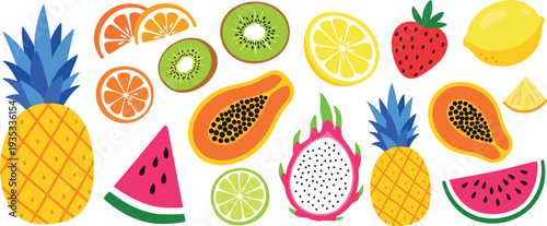 Tropical fruit collection with pineapple watermelon papaya kiwi lemon and citrus slices vector set