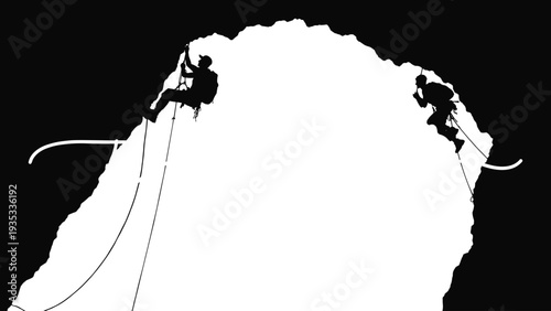 Black silhouettes of two mountain climbers scaling a steep rock face cliff during an extreme outdoor adventure isolated on white