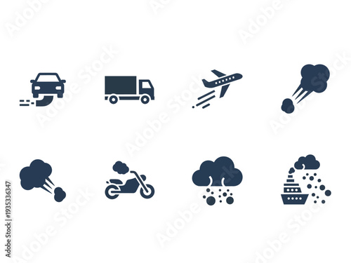 Illustration of set of transportation icons producing pollution and emissions in blue silhouette