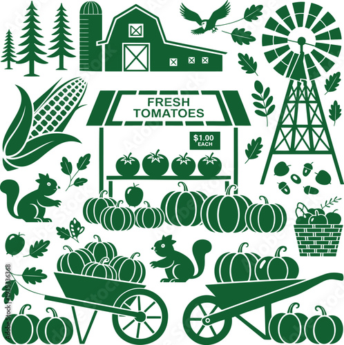 Various farm animals, autumn crops, and country elements shown as dark green vector silhouettes