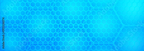 Blue hexagon pattern glowing abstract background, sci fi honeycomb grid with luminous cyan gradient and glossy metallic highlights, seamless texture with depth and ambient glow, modern tech atmosphere