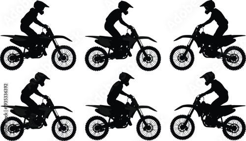 Black silhouettes of motocross riders on dirt bikes set, extreme sports stunts and off-road motorcycle racing icons for motorcycling vector