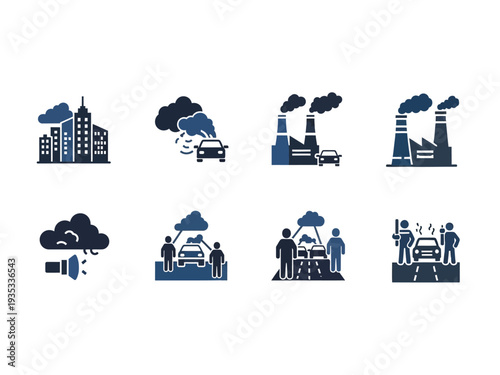 Illustration of collection of industrial and urban icons emitting pollution in blue color