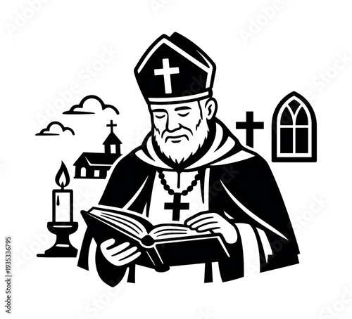 Christian clergyman wearing a miter and cross necklace, reading a Bible with church, candle, and cross symbols