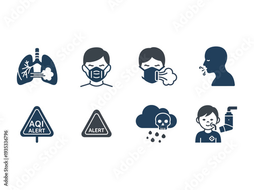 Illustration of air pollution and health impact icons in blue