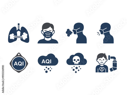 Illustration of air quality and pollution icons with people and symbols in blue