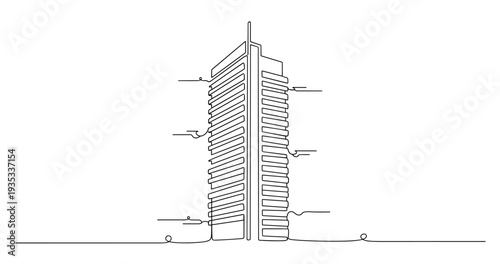 High rise tower split into two symmetrical facades on skyline. No editable stroke