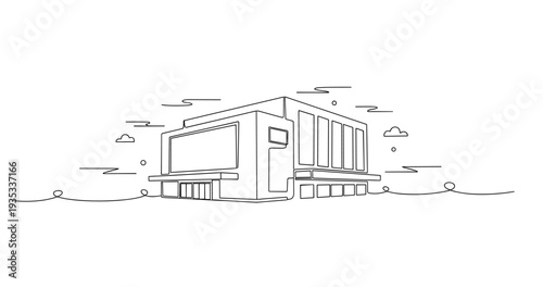 Commercial building with large facade on open minimal landscape. No editable stroke