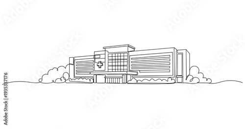 Hospital building front facade standing in landscaped grounds. No editable stroke