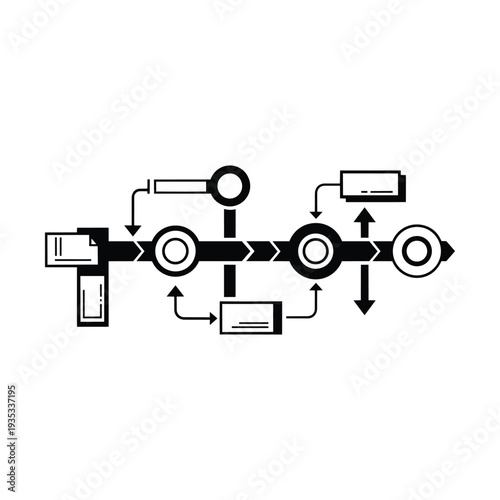 Futuristic flowchart design with solid black shapes and arrows, illustrating a complex process or technological flow