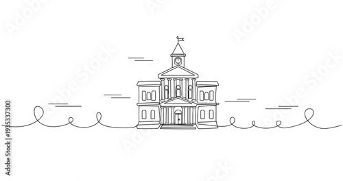 Historic town hall building with flag in simple line drawing. No editable stroke