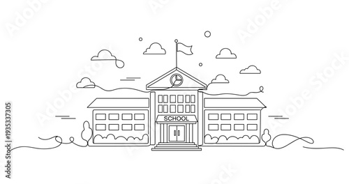 School building frontal facade with flag and entrance. No editable stroke