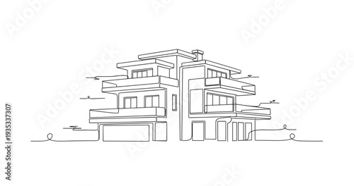 Contemporary house line drawing showing multi level residential design. No editable stroke