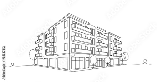 Apartment building with balconies on street corner. No editable stroke