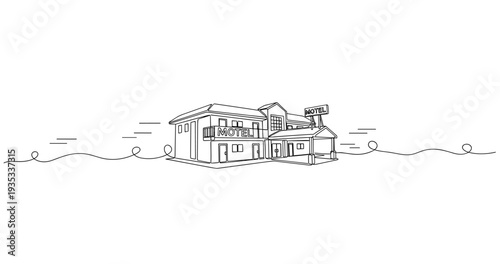 Motel building with signage on roadside small complex. No editable stroke