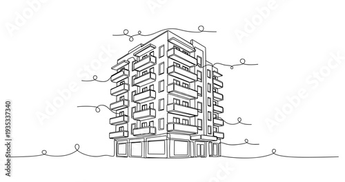 Apartment building with balconies on urban street corner. No editable stroke
