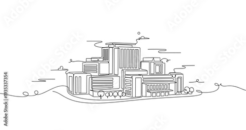 Urban building cluster arranged on minimalist hillside line. No editable stroke