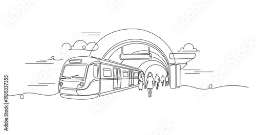 Train arriving with commuters at underground station platform. No editable stroke