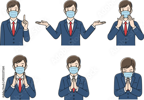 Businessman wearing face mask showing various gestures, greeting apology explanation poses, health safety illustration isolated on white background