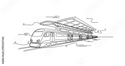 High speed train arriving at covered station platform. No editable stroke