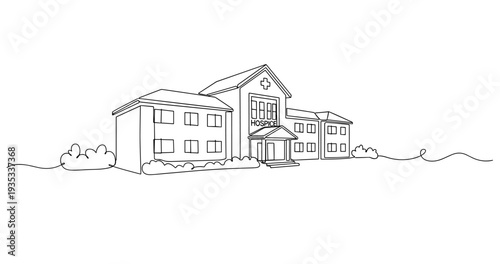 Hospital complex building entrance visible in landscaped grounds. No editable stroke