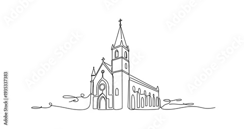 Church building standing in continuous line sketch on white background. No editable stroke