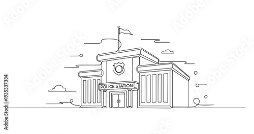 Police station building front facade in urban line drawing. No editable stroke