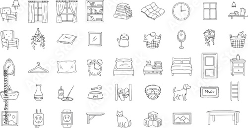 Minimalist house decor icons collection, bedroom, kitchen, and living room furniture symbols.