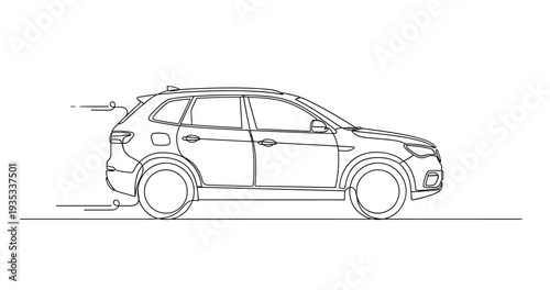 Suv moving in side profile on road outline drawing. No editable stroke